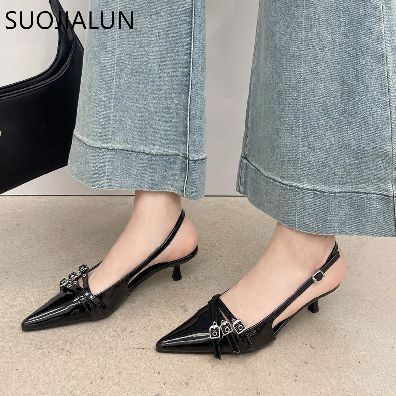 SUOJIALUN 2024 Spring New Brand Women Sandal Fashion Buckle Ladies Elegnat Pointed Toe Slip On Slingback Shoes Thin Med Heel Mul