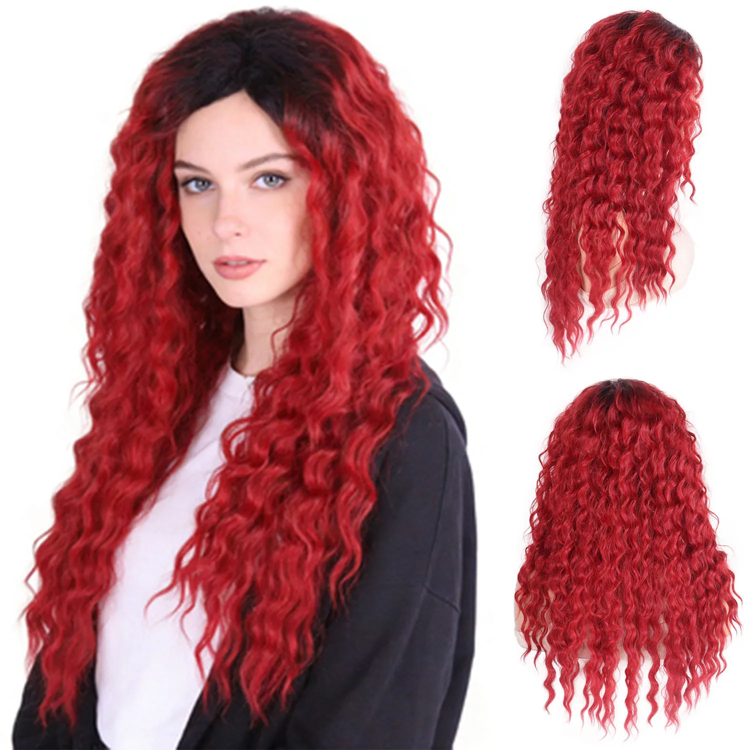 

Synthetic Hair Dark Root Ombre Red Wig for Women Long Wavy Curly Wigs for Girls Daily Cosplay Halloween Costume Heat Resistant
