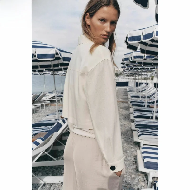 

Summer 2025 Women's Collar Mixed Linen Blend Jaet Drape oulder Design Spliced Sve ort Outerwear Pure Color