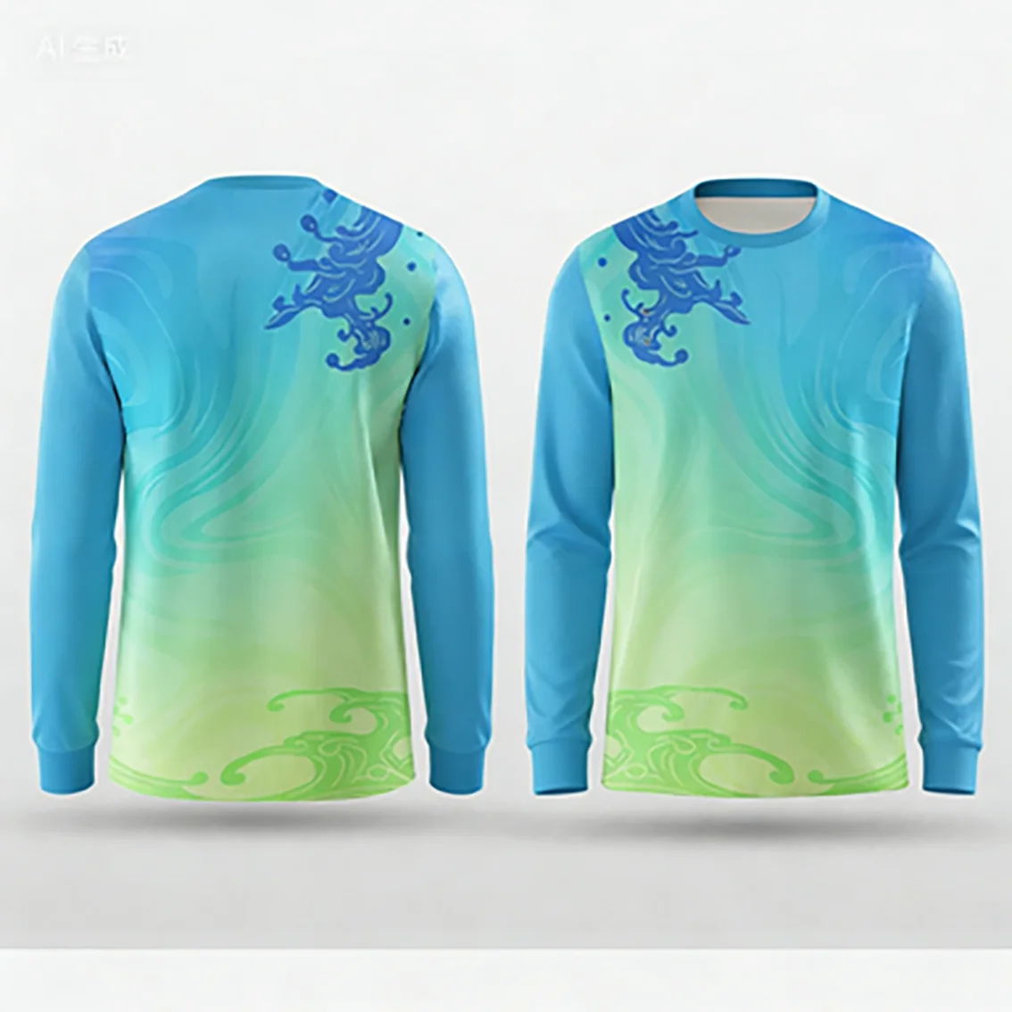 Gradient Long Sleeve Cycling Jersey with Mythical Beast Print | Quick-Dry & Breathable Fabric | Spring & Fall Riding Gear