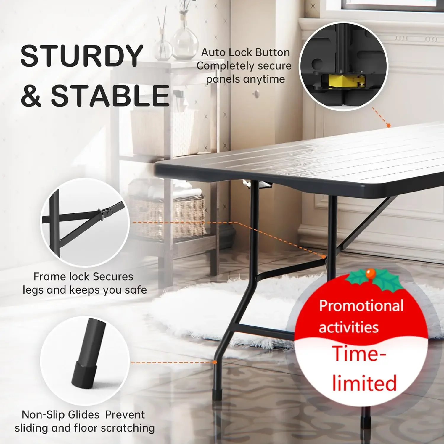 

Set of 2 6 Foot Folding Table for Indoor Outdoor, Portable Heavy Duty Fold-in-Half Utility Plastic Foldable Dining Table with Ca