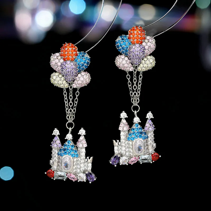 

S925 Silver Needle Light Luxury High Grade Earrings Color Zircon Inlaid Creative Design Sense Balloon Castle Earrings