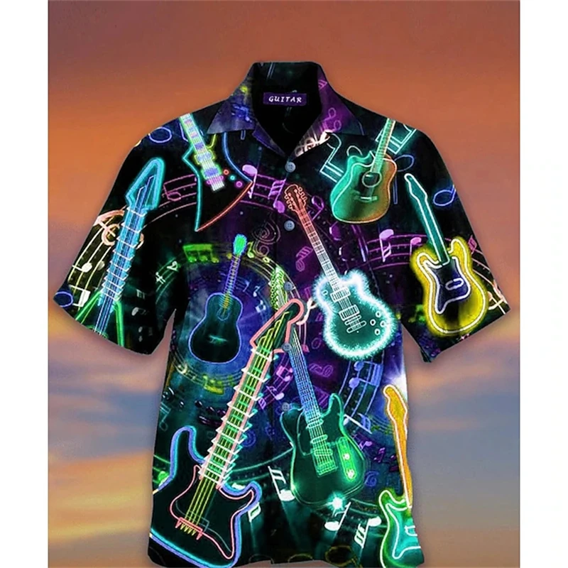 Funny Summer Hawaiian Shirts For Men Music Guitar Printed Tops Clothing Fashion Casual Oversized Collar Rock And Roll Blouses