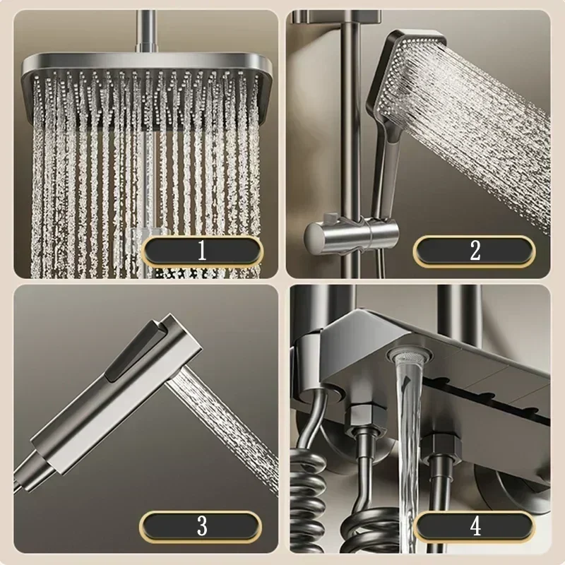 Sistem Shower Rumah Tangga Set Shower Kamar Mandi Rumah Tangga Tombol Piano Nozzle Bertekanan Set Shower dengan Layar Digital Warna Abu-abu