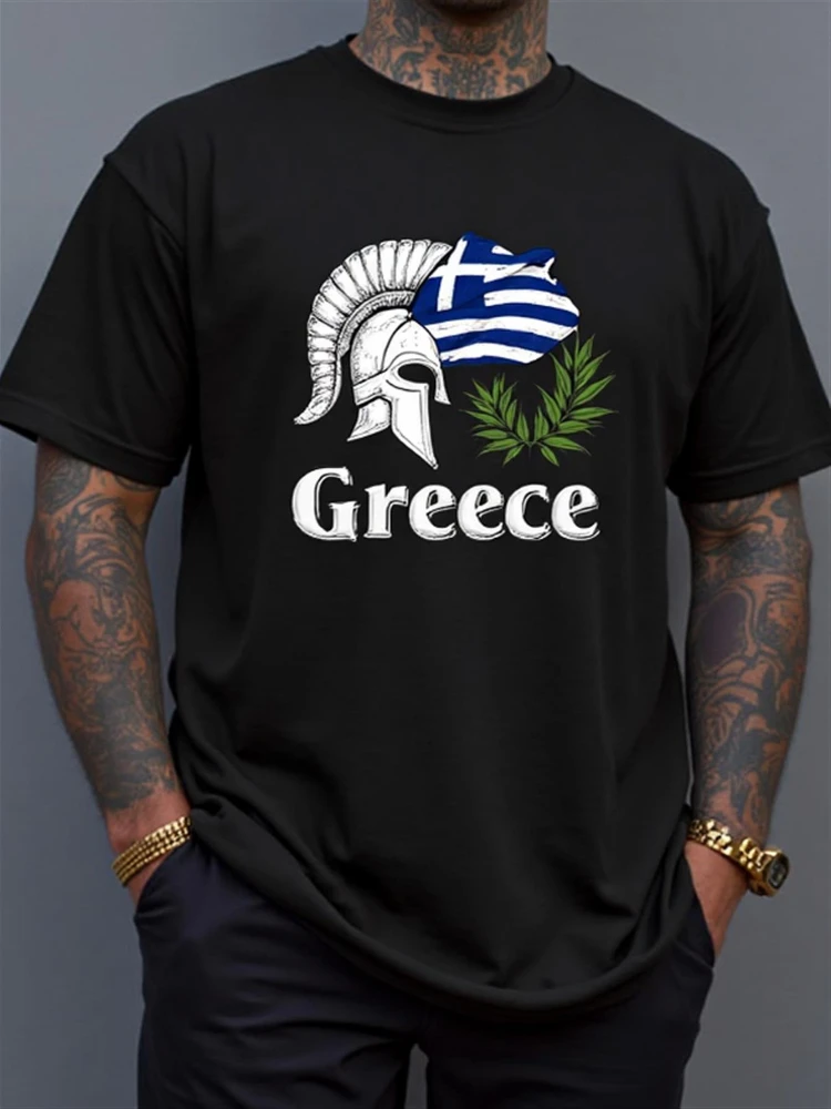 

Spartan Helmet&Greece Lettering with Greek Flag&Olive Branches design-100% cotton O-neck short sleeve printed men's T-shirt.