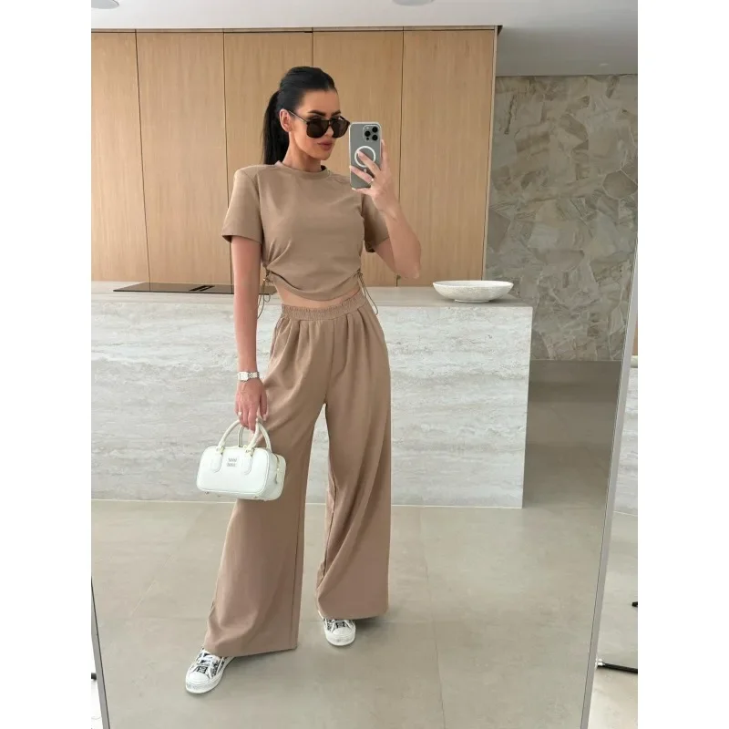 Plus Size Dames Casual Sport 2-delige sets Outfits Trekkoord T-shirt met korte mouwen + Effen losse rechte broekpak