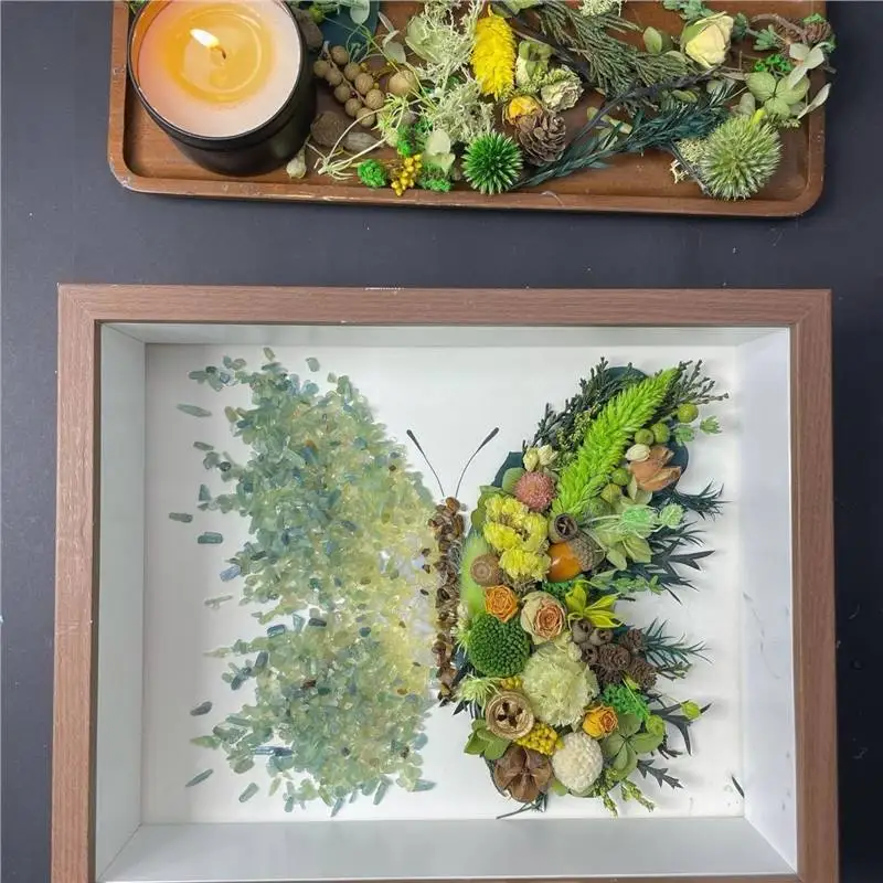 

Dried flower material package handmade, stone painting purple butterfly photo frame
