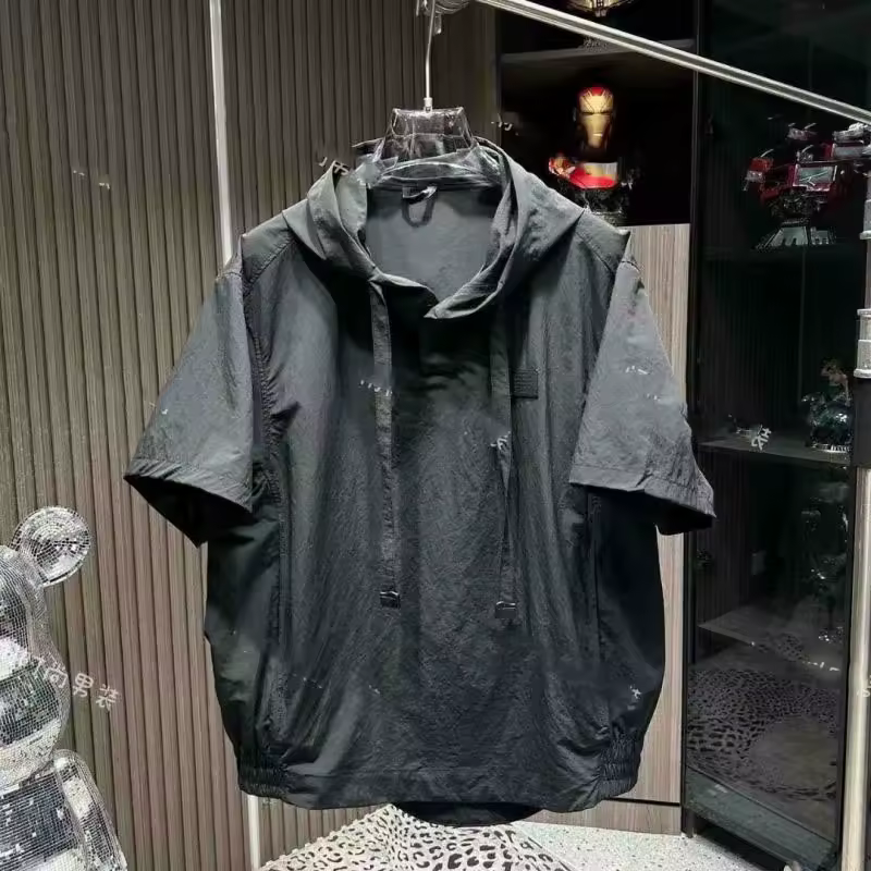 Ice Silk Fabric Minimalist Summer New Men's Hooded Drawstring Fashion All-match Loose Short Sleeve Sweatshirts T-shirt Tops