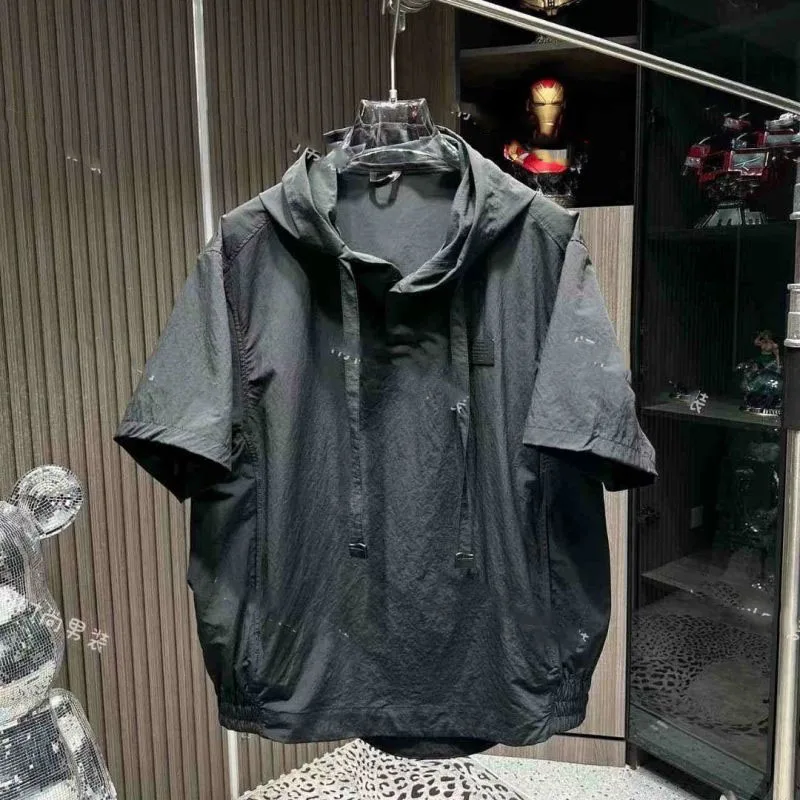 Ice Silk Fabric Minimalist Summer New Men's Hooded Drawstring Fashion All-match Loose Short Sleeve Sweatshirts T-shirt Tops