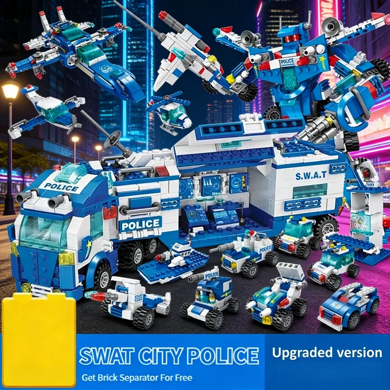 City Police Building Blocks Set, Transformable Patrol Car & Command Truck, Educational Role Play Toy