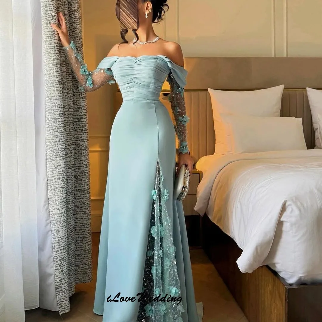 فساتين سهرة مخصصة باللون الأزرق قبالة الكتف 2025 أنيقة مطوي للنساء فستان الحفلات ثلاثية الأبعاد زهرة الدانتيل فساتين رسمية للنساء