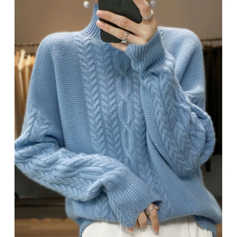 Autumn and Winter Women\'s Solid Turtleneck Long Sleeve Loose Over Size Pullover Knitted Sweater Fashion Casual Office Lady Tops