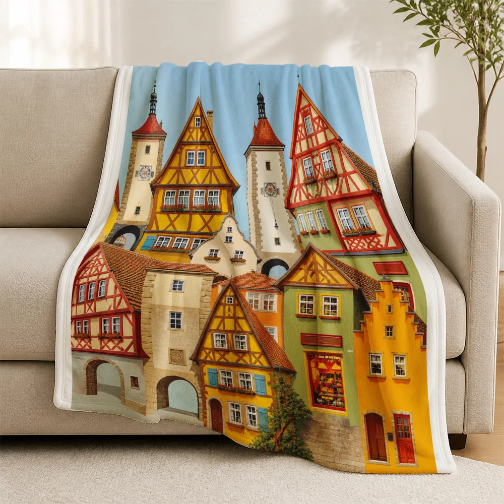 Charming European Town Street House Illustration Throw Blanket Sofa Throw Cover for Living Room Home Decor Gift Cozy Cozy Decor