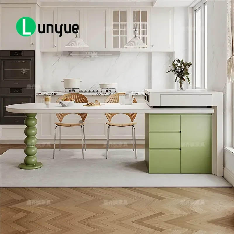 French Cream Style Rock Slab Island Table with Retractable Design Gourd Shaped Legs Green Finish Compact for Small Apartments