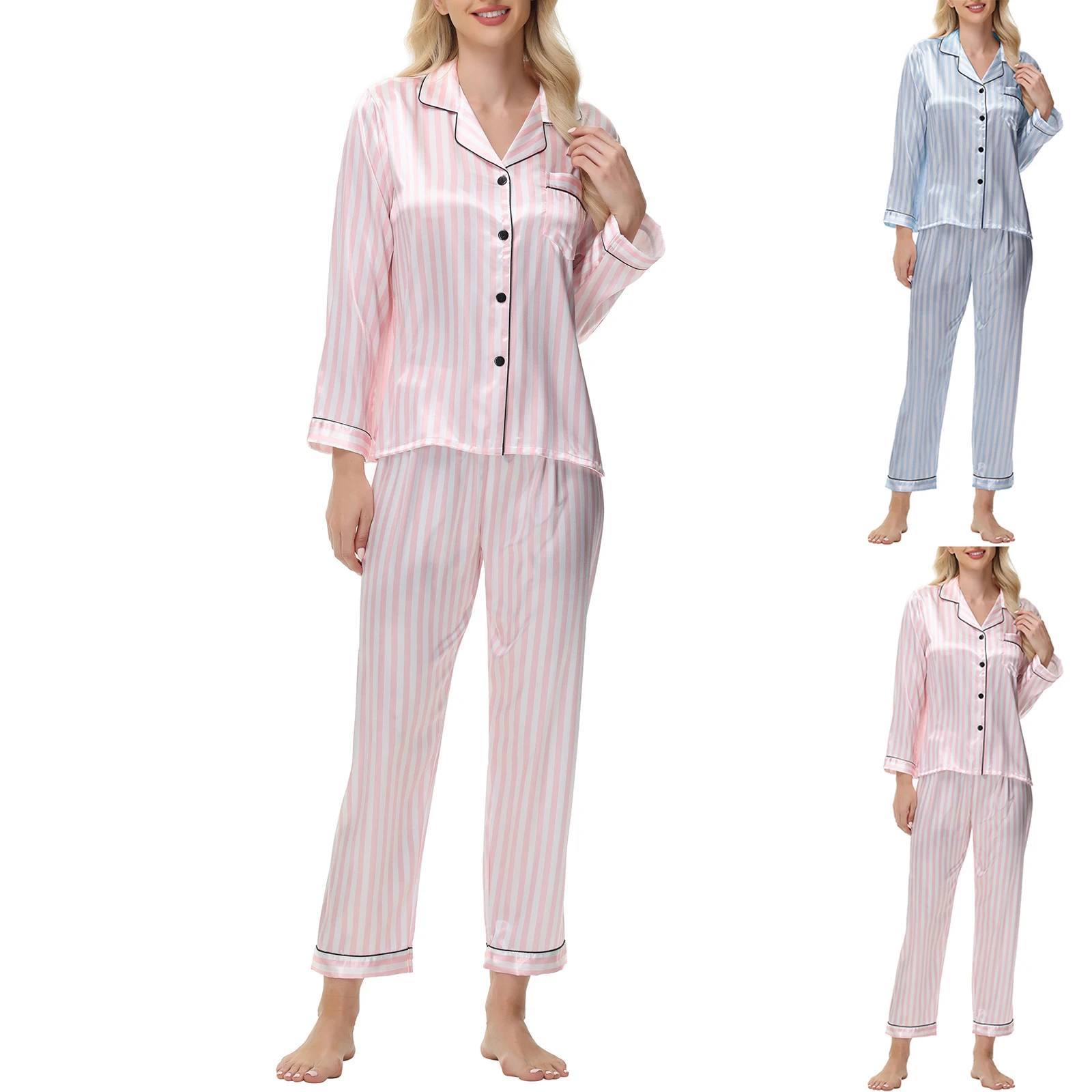 

Women Soft Comfortable Long Sleeve Trouser Pajamas Casual Stripe Pattern Female Lounge Sleepwear Loose Stretchy Home Suit