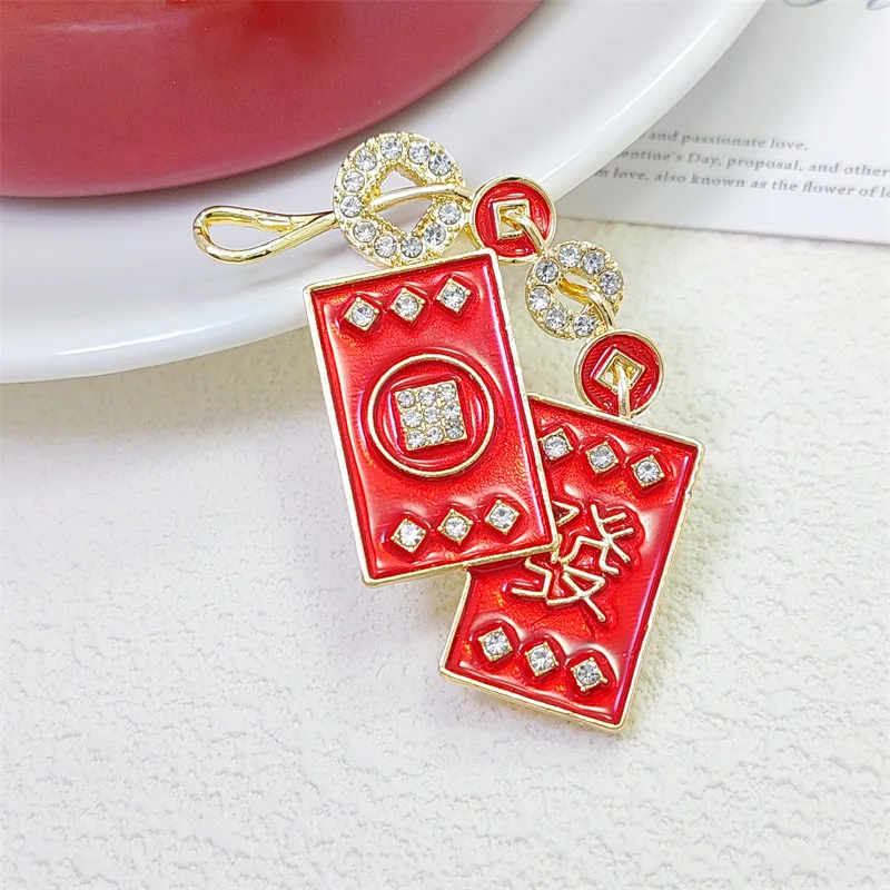 Creative Red Mahjong Brooches For Women Traditional Chinese Wedding New Year Corsage Pins Jewelry Rhinestone Ornaments Gifts