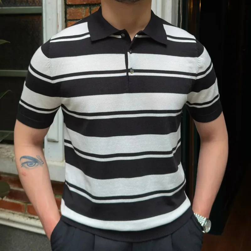 2024 Summer Knit Lapel T-shirt Polo Camisa Hombre British Contrasting Stripes Casual Slim Men's Shirt Mannen