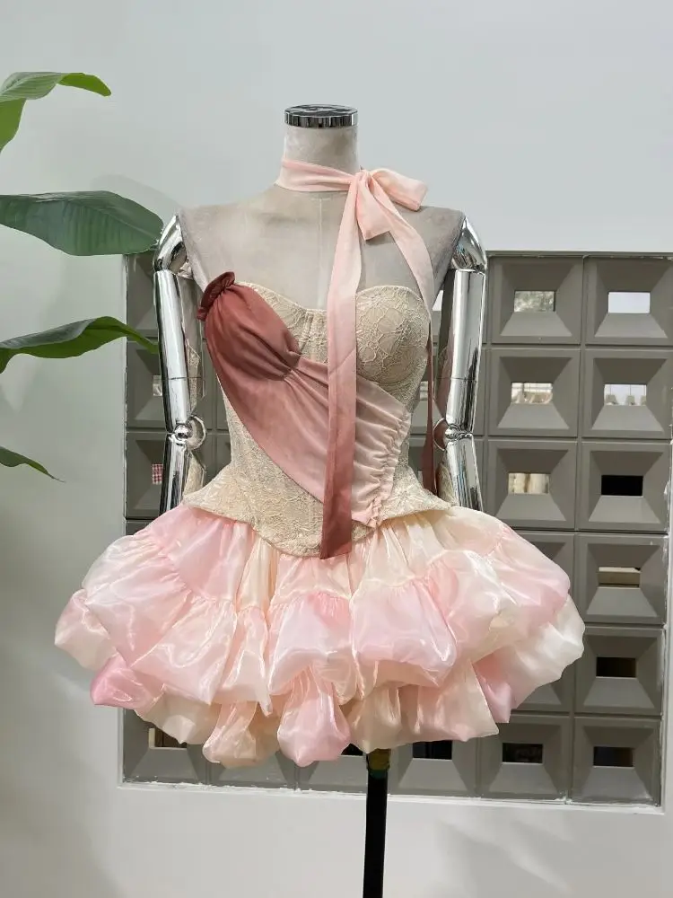 

Girl's Sweet Birthday Lace Dress Two Pieces Designer Patchwork Backless Night Club Cocktail Party Women's Outfit Show Wear