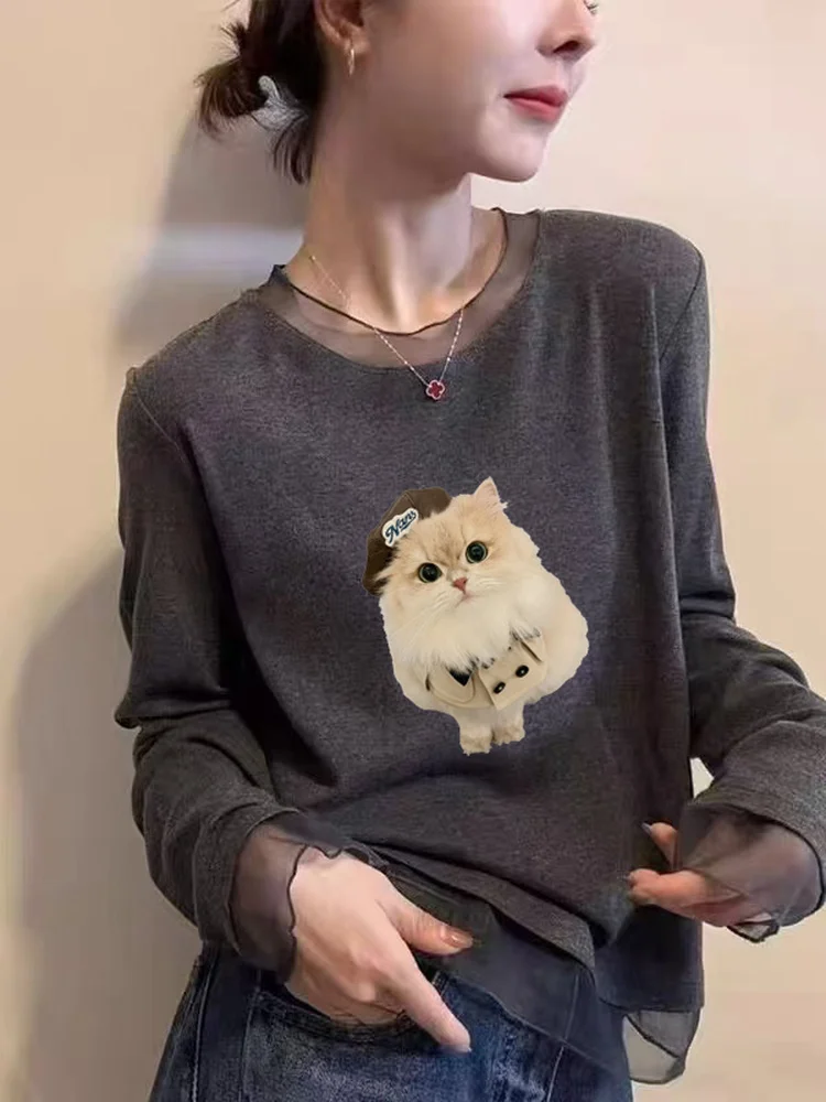 Fashionable Long Sleeve T-Shirt Women's Mesh Lace under Shirt Korean Style Autumn Winter New Arrival Slimming Top Commute Style
