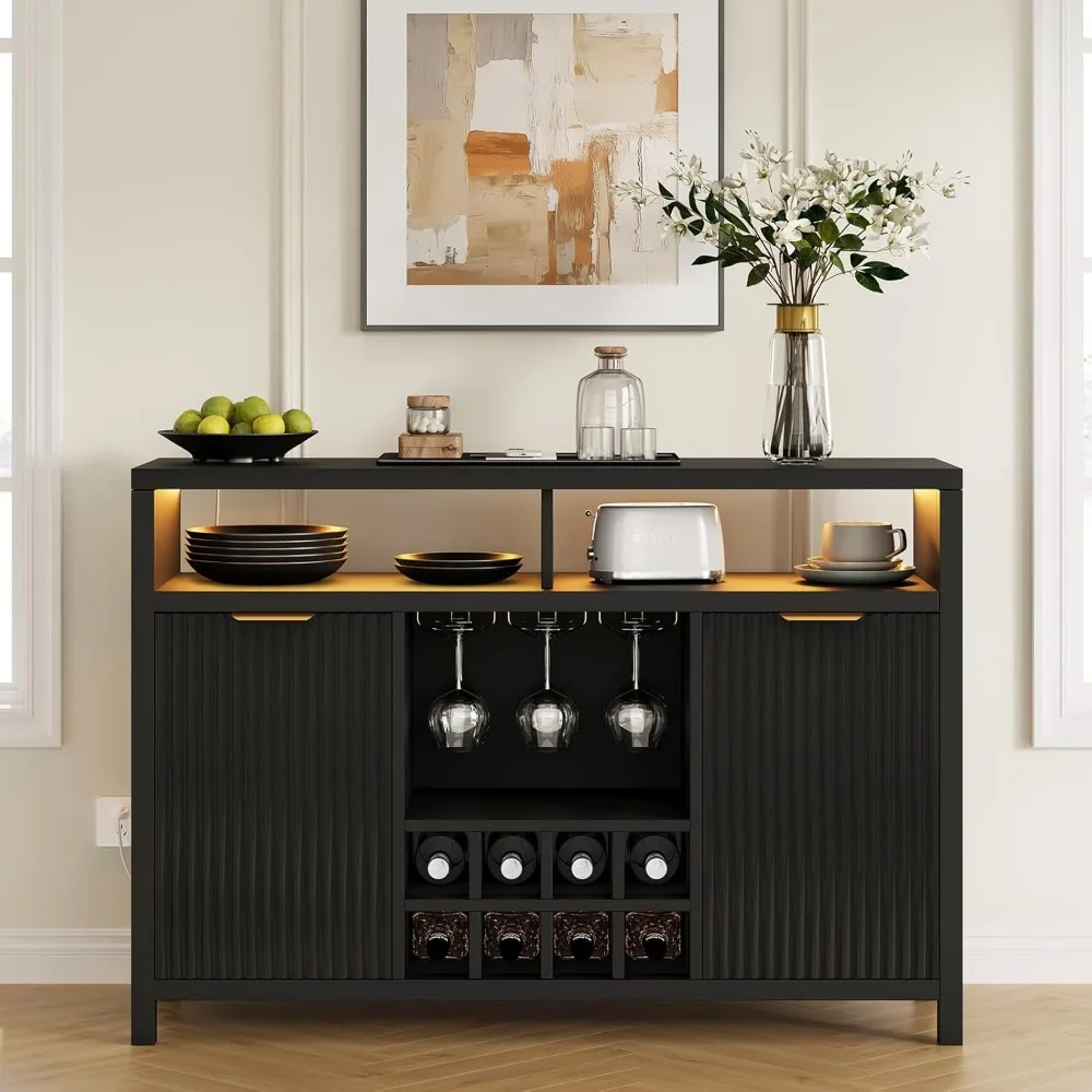 Fluted Home Bar Wine Cabinet with LED Light, Charging Station, Wine Rack - Buffet Cabinet with Storage, Coffee Bar Table