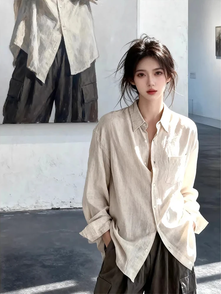 

Loose Fit Linen Shirt Men's Summer Thin Long Sleeve Shirt Lazy Loose Outerwear Casual Style Button up Classic Collar Spring Wear