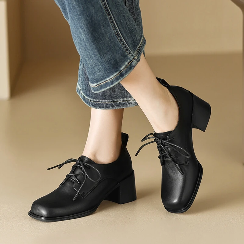 2023 Spring Women Loafers Genuine Leather Shoes for Women Square Toe Chunky Heel Women Shoes Casual Black Lace-up Women Pumps