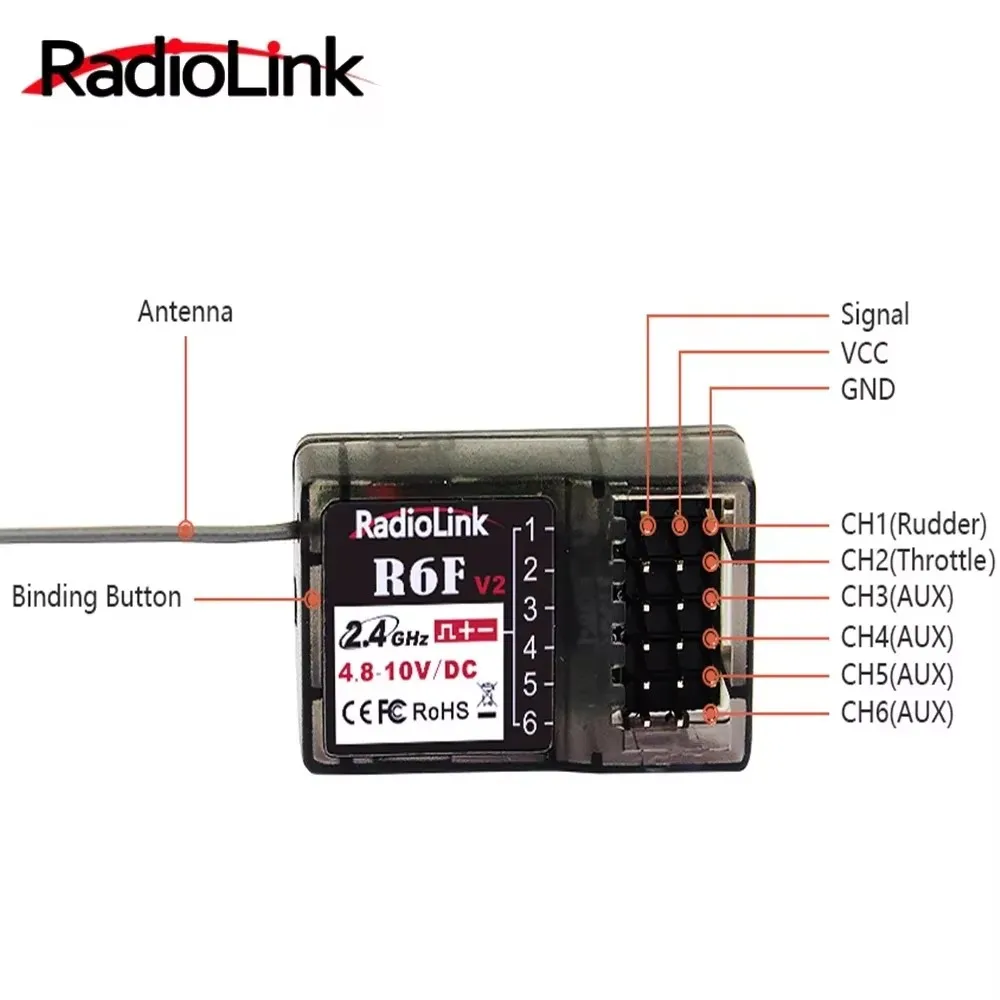 Radiolink R6F 수신기 RC 자동차 및 보트 용 6 채널 2.4GHz 라디오 송신기 리모컨 RC6GS V2/RC4GS V2/T8FB/T8S