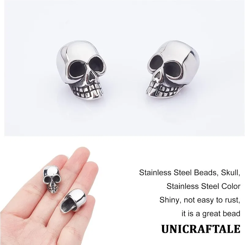 2pcs Stainless Steel Skull Beads Antique Silver Loose Beads 6.5mm Large Hole Finding Beads Halloween Decoration for Jewelry