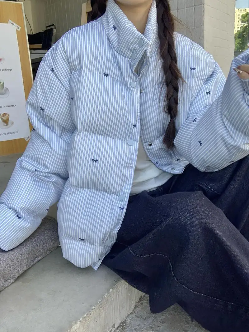 موضة جديدة شتوية نسائية مخططة غير رسمية عصرية فضفاضة يومية بياقة واقفة وأكمام طويلة معاطف مبطنة ملابس نسائية سترات علوية #3