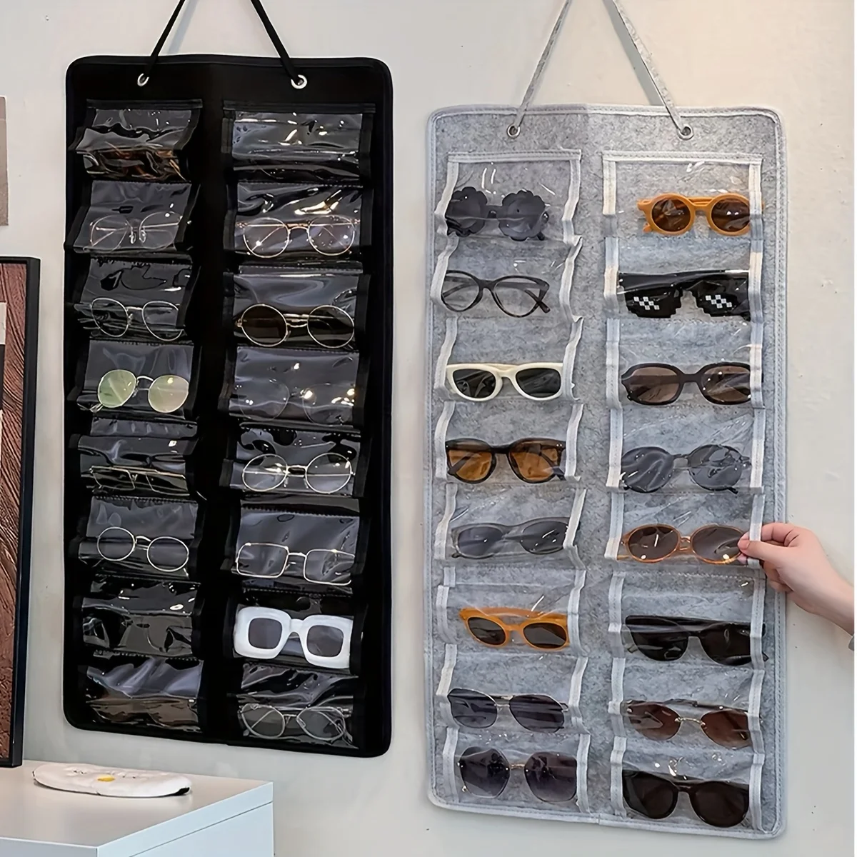 1 Stück an der Wand montierter Brillen-Organizer mit 16 Filzfächern – staubdicht, multifunktionaler Hänge-Organizer für Zuhause/Büro