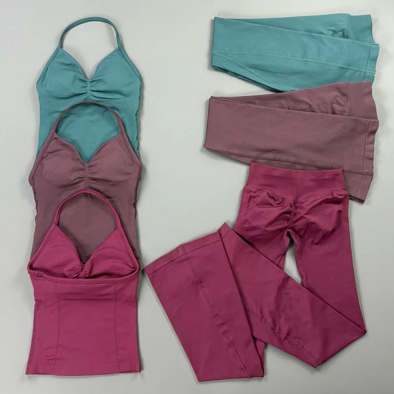 2 Piece Gym Set Women Sports Longline Strappy Top and Butt Lifting Flare Leggings Sets Seamless Fitness Workout Sportswear Suit