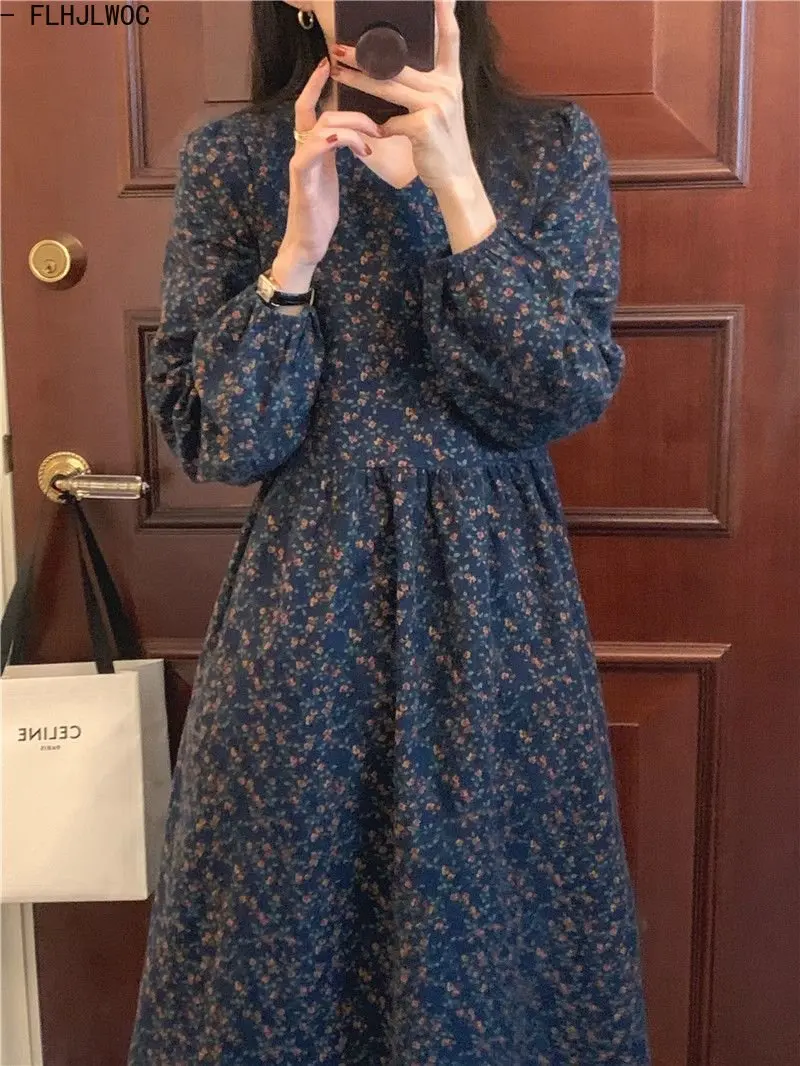 Hot Sales Korean Chic Sweet Mori Girl Lace up Basic Wear Retro Floral Print Long Robe Women Dress