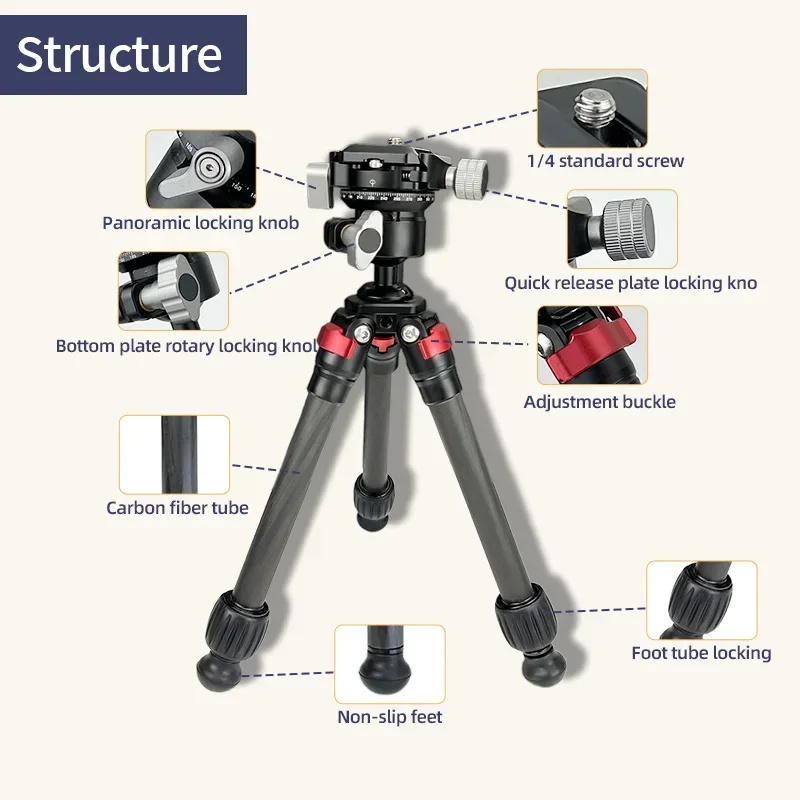 Carbon Fiber Tripod Extended Professional Table Stand Camera Live Tripod Adjustable Height with 1/4 Screw Tripod for SLR Camera