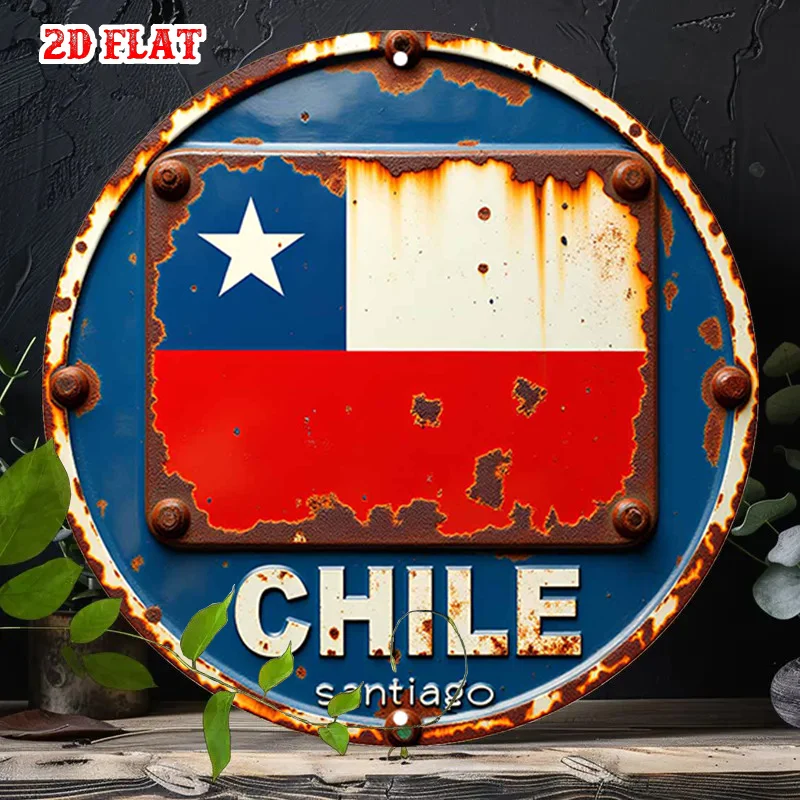 2D Flat, 1pc Chile Flag Metal Sign - Retro Round Chilean National Flag Wall Art with Santiago City Landmark, Aluminum Door/Wall