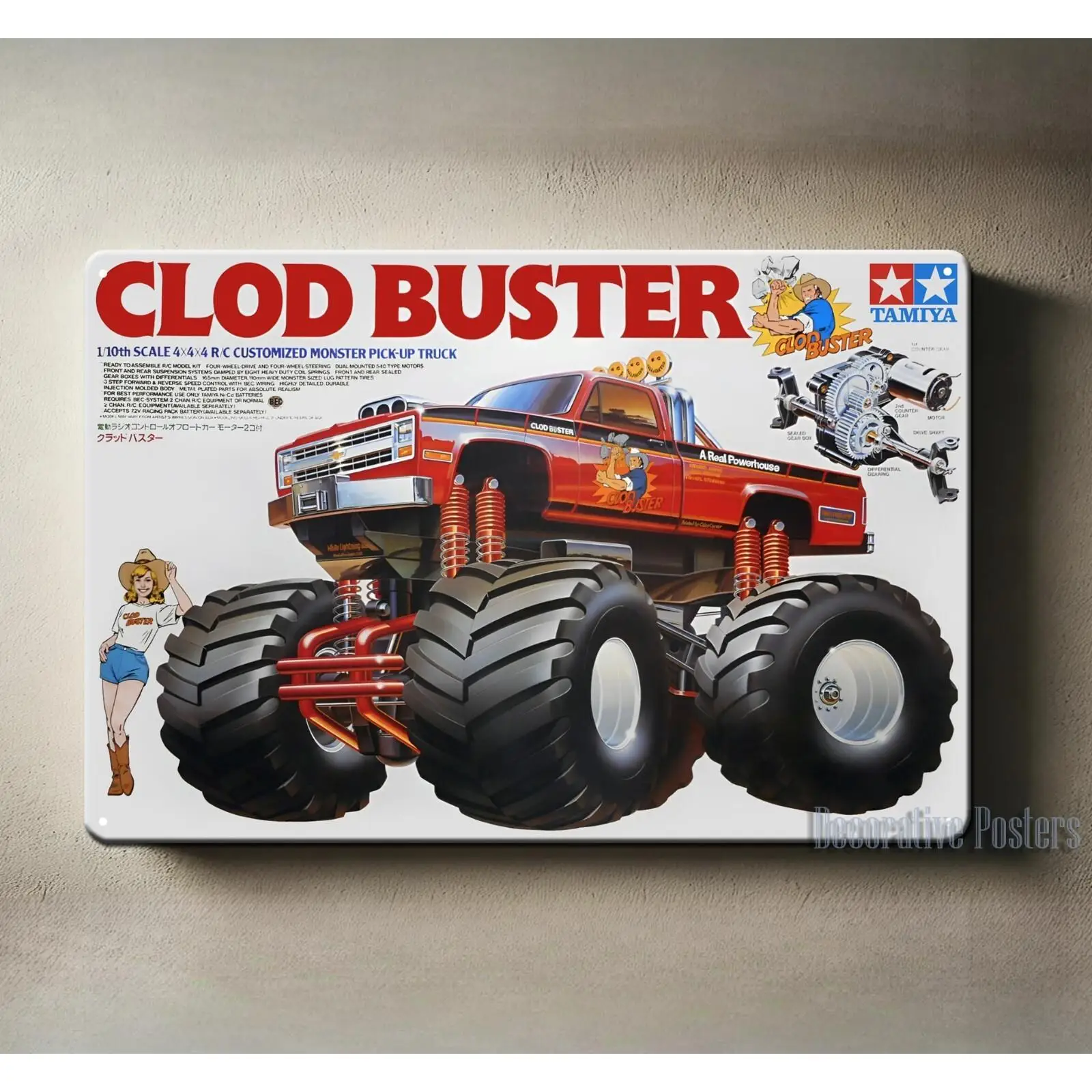 Tamiya Clodbuster RC Monster Truck Metal Poster - Vintage Heavy-Duty Tin Sign with Red Truck Design - Retro Collector's Wall