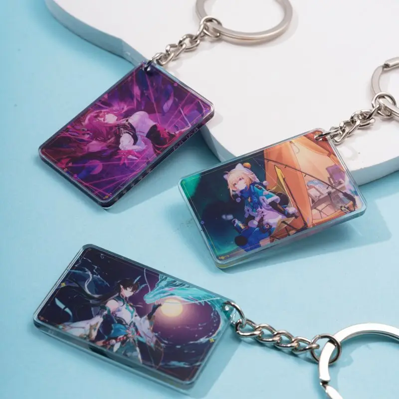 Anime Honkai:Star Rail Imbibitor Lunae Rectangle Keychain Acrylic Figure Different Patterns on Both Sides Metal Keyring Jewelry