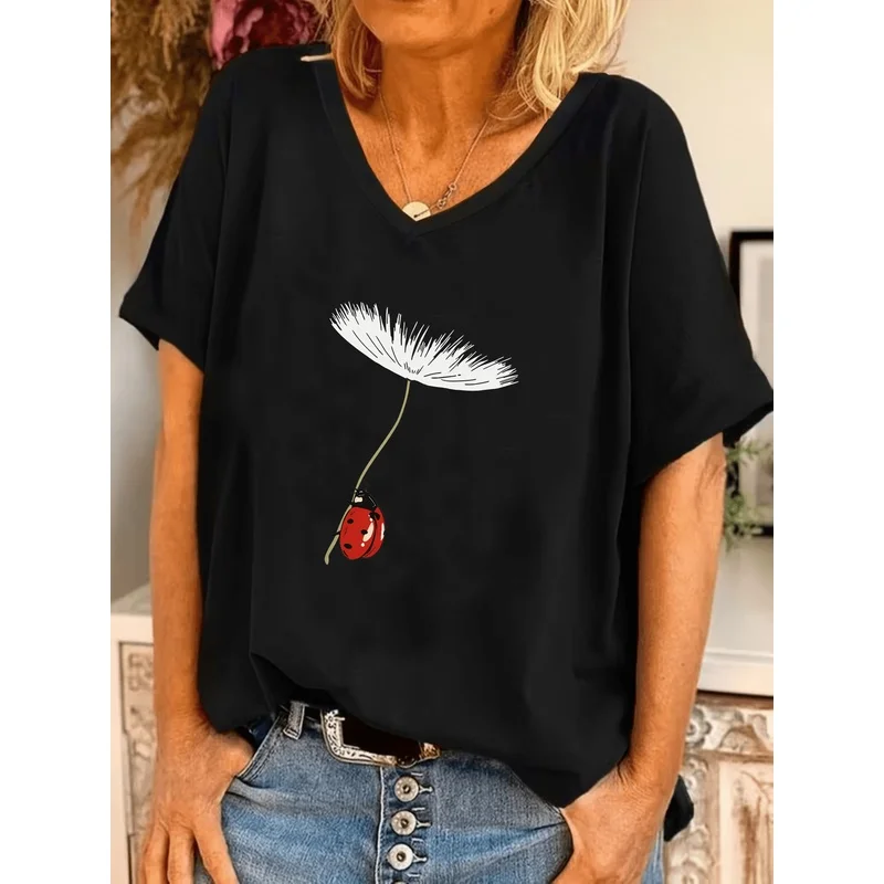 Women's Fashion V-Neck Batwing Sleeve T-Shirt - Dandelion & Ladybug Print Design, Loose Fit Casual Top, Everyday Casual Style