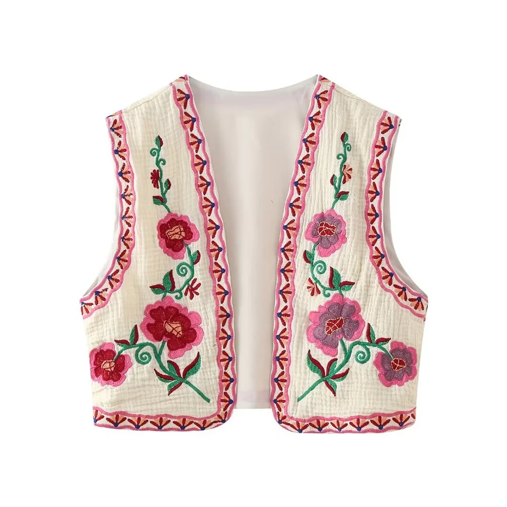 European and American Style 2024 Spring and Summer Women\'s New Fashionable and Versatile Round Neck Sleeveless Embroidered Vest