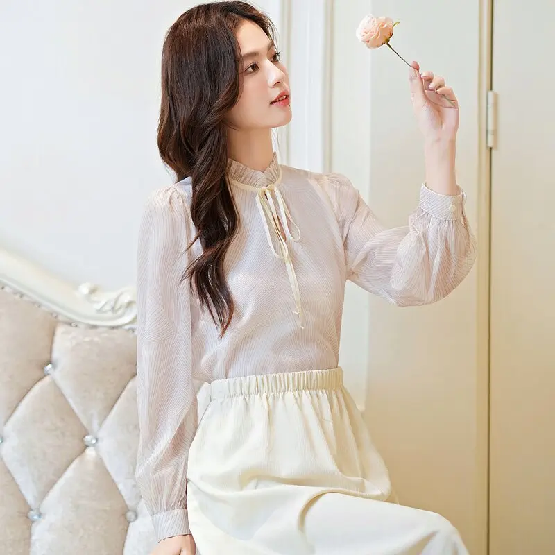 

Элегантная женская шифоновая рубашка с воротником-стойкой и полосками из бисера, уникальный базовый топ во французском стиле, прямого кроя, весна-осень