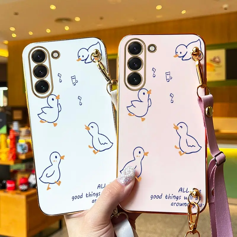 Singing Duck Lanyard Plating Phone Case For Samsung Galaxy S23 S23Plus S23FE S23Ultra S24 S24Plus S21Ultra S22 S22Plus S21 Cover