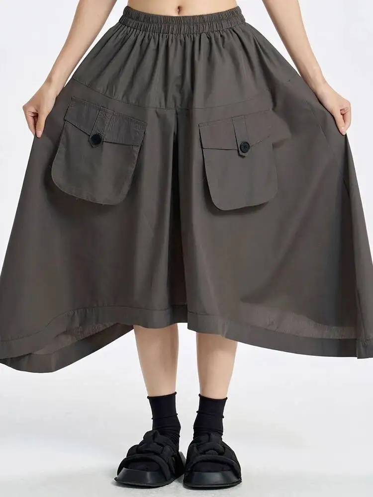 High Elastic Waist Dark Gray Pocket Irregular A-line Half-body Skirt Women Fashion Tide New Spring Autumn
