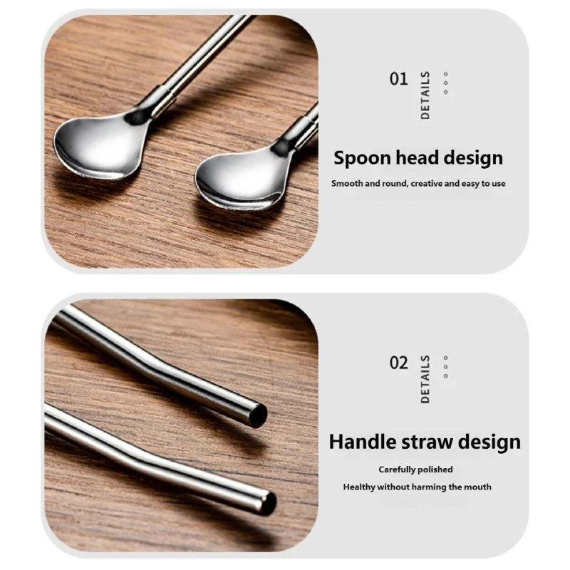 Set of 4 Stainless Steel Straw Spoon Long Handle Stirrer Beverage Drinking 304 Stainless Steel for Cocktail Stirring HX6C