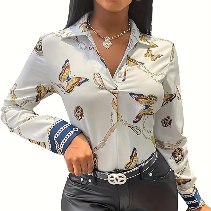 

2025Elegant Lace Trim Women's Chain Print Graphic Long Sleeve Collar Button Front Blouse