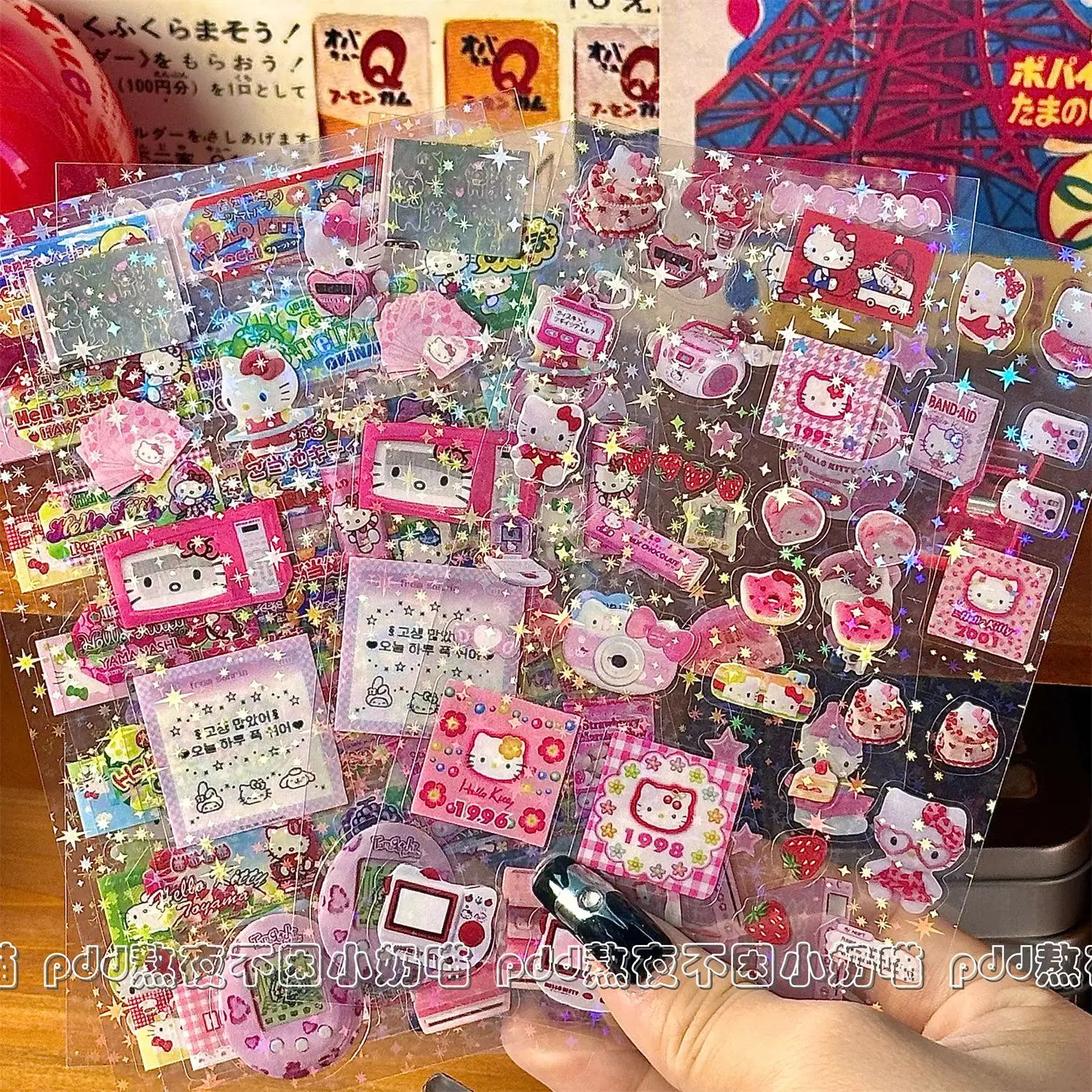 1Set Kawaii Sanrio Hello Kitty Sticker Double Transparent Cut Film Stickers Diy Gooka Sparkling Stickers Hand Account Stickers