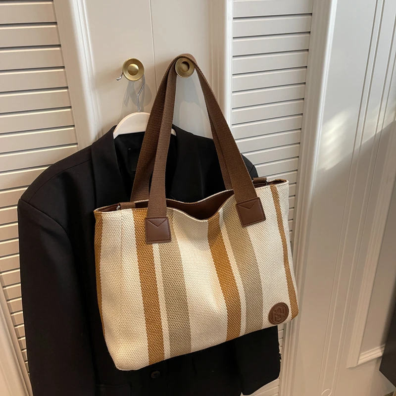 Forest Series Large Capacity Tote Bag 2024 Autumn New Style Simple Fashion Striped Handbag Premium Canvas Women's Shoulder Bag