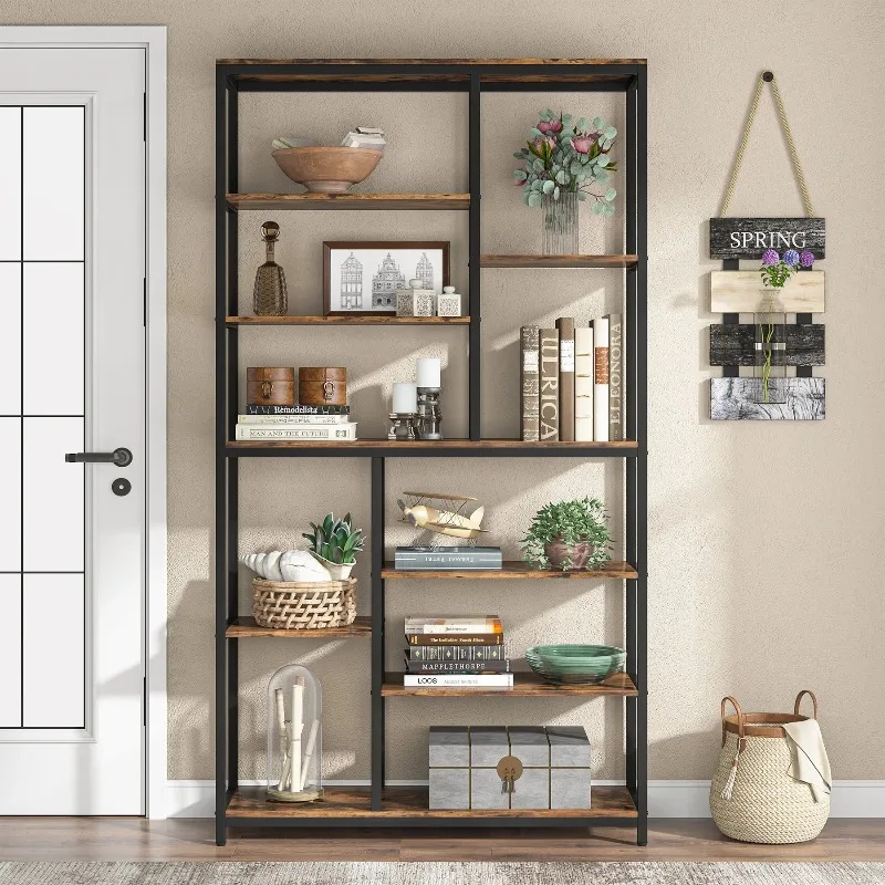 Modern 8-Tier Staggered Bookcase -, Wide Wood Etagere Shelving Unit