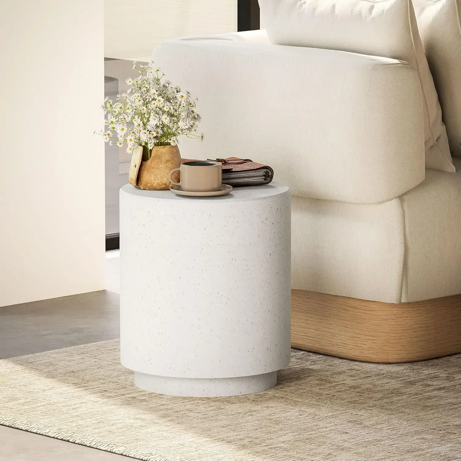 Round Side Table,Lightweight Accent Table with Terrazzo Finish,End Table with 4 Adjustable Feet for Indoor, Outdoor, Cream White