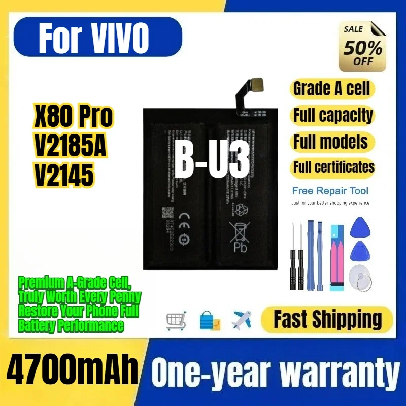 B-U3 for VIVO X80 Pro/V2185A/V2145 Phone Battery 0Cycle High Quality Capacity Battery Replacement Bateria Grade A Cell with Tool