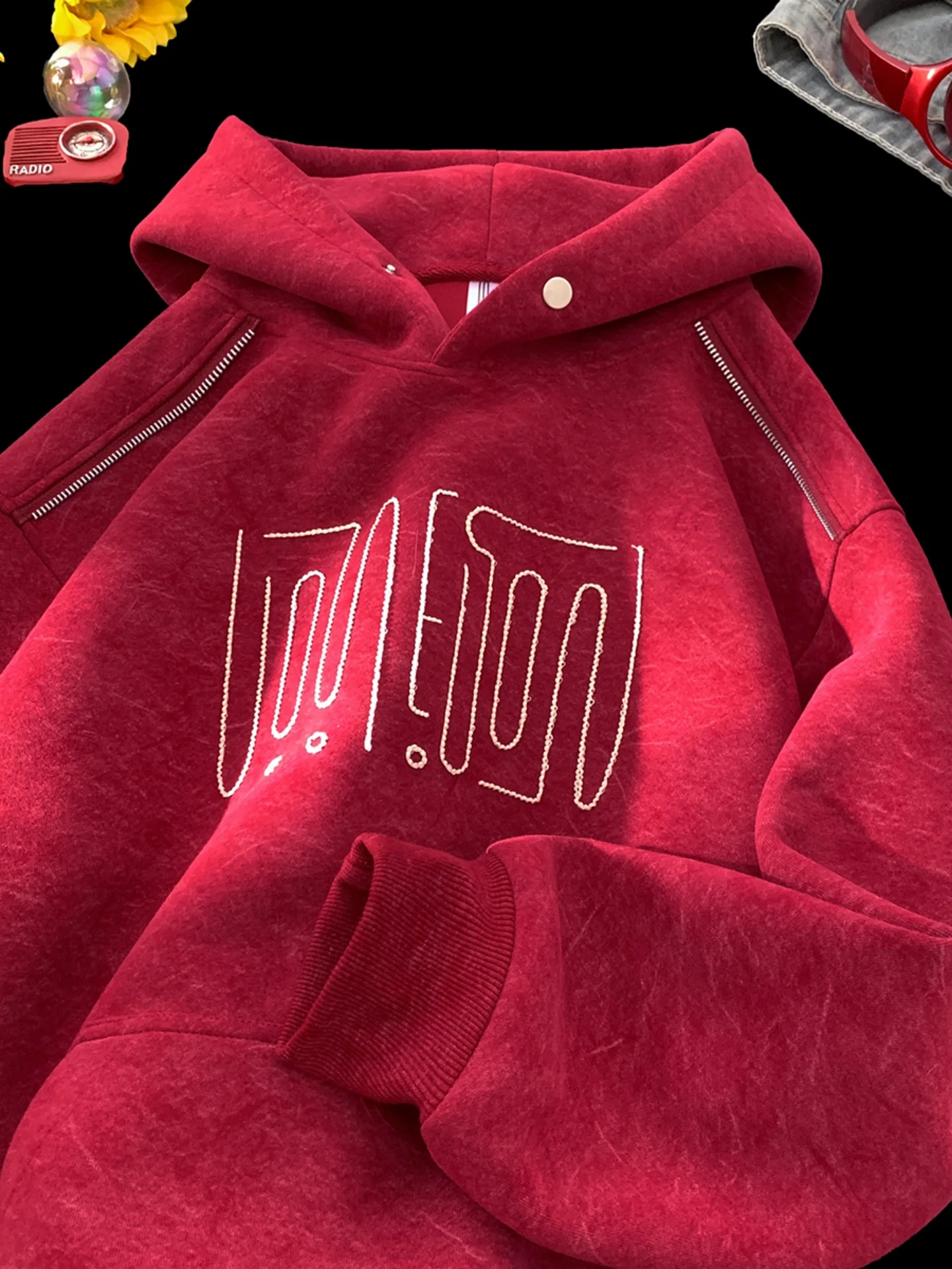 

Мужская зимняя толстовка-худи Heavyweight с флисовой подкладкой, утепленная, красная, в американском ретро-стиле, теплая повседневная куртка-свитшот