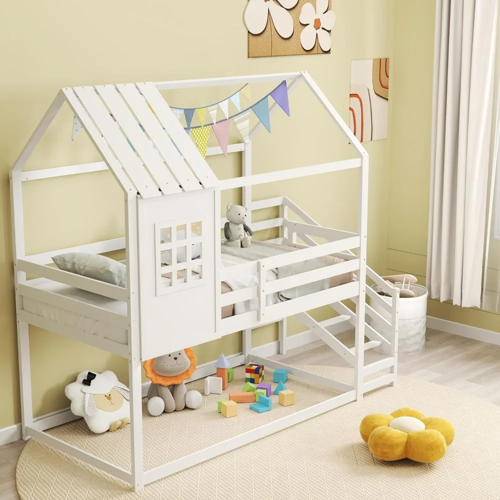 Twin Over Twin House Bunk Bed with Stairs, Floor House Bed with Roof & Window, Space-Saving House Bed with Full-Length Guardrail